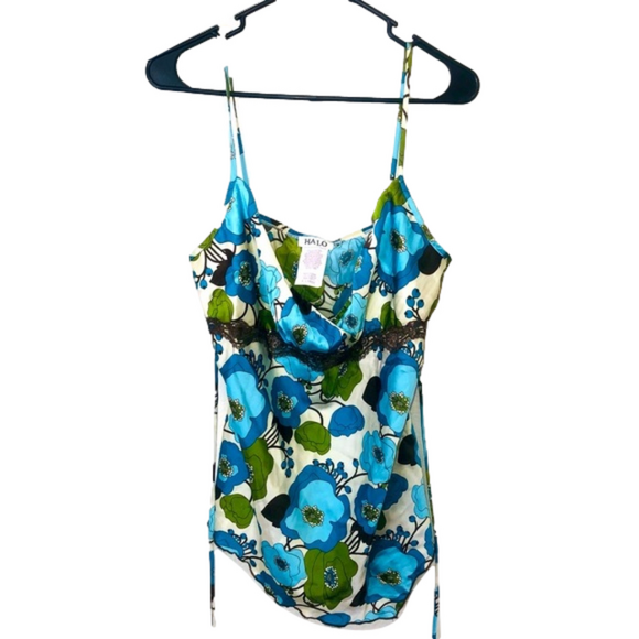 Halo Tops - HALO Blue, Green, & White Floral Tie-Back Blouse